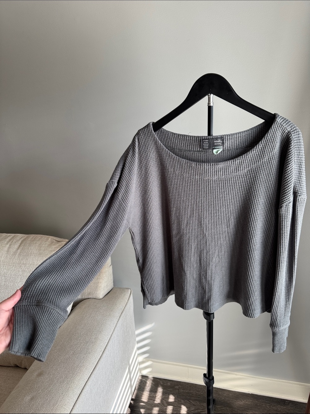 Gray Anthro Waffle-Knit Long-Sleeve Sweater - Picture 3 of 7